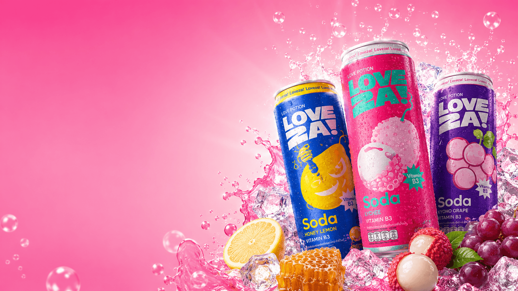 Loveza Love Potion vitamin soda in Honey Lemon, Lychee and Kyoho Grape